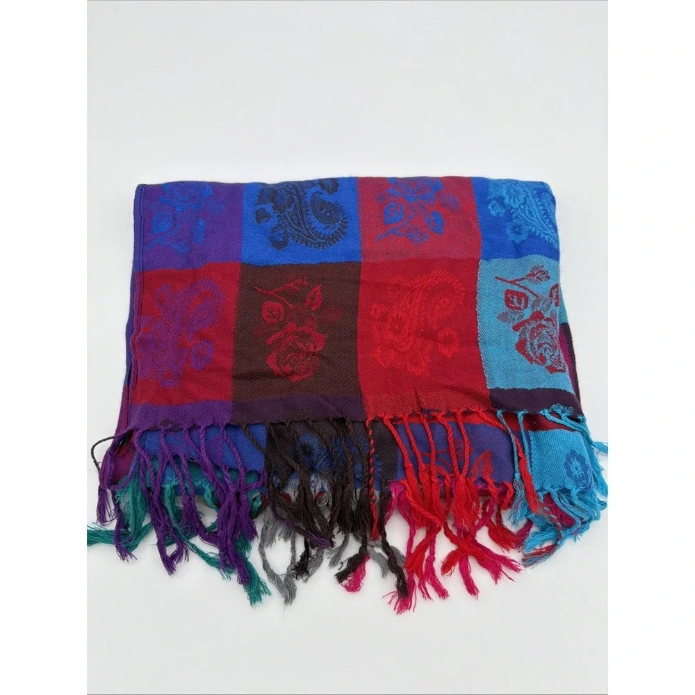 100% Cashmere Shawl Wrap Patchwork Rose Paisley Scarf Fringed Quiet Luxury 80x26